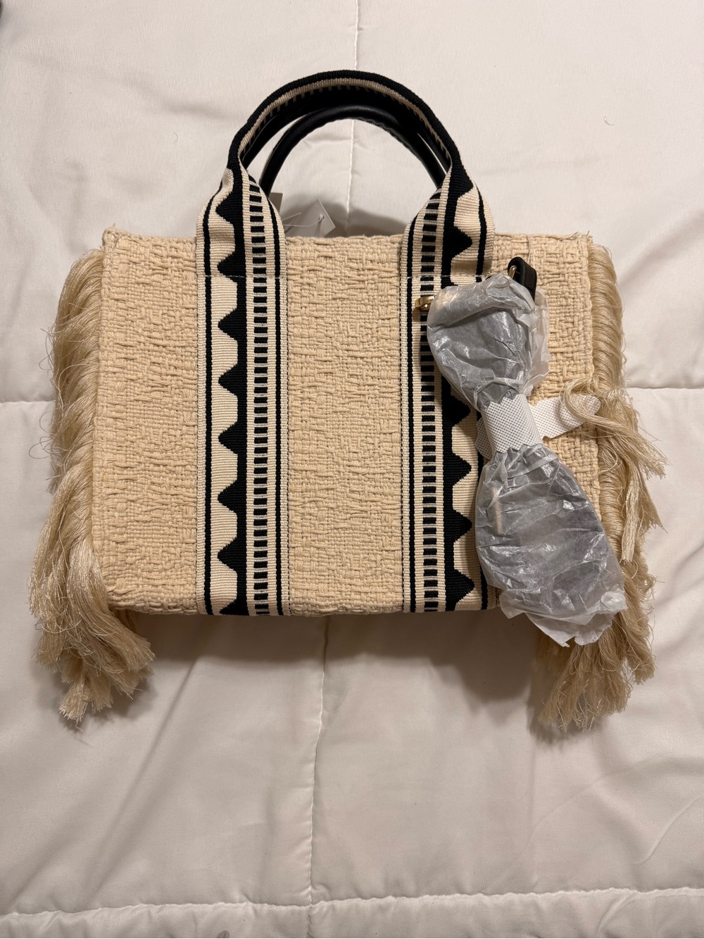 H&M Cream Woven Crossbody Bag with Black Trim